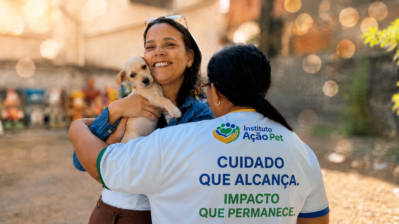 Responsável segura um filhote no colo enquanto é abraçada por uma voluntária do Instituto Ação Pet