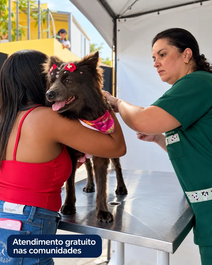Cão em atendimento durante ação comunitária